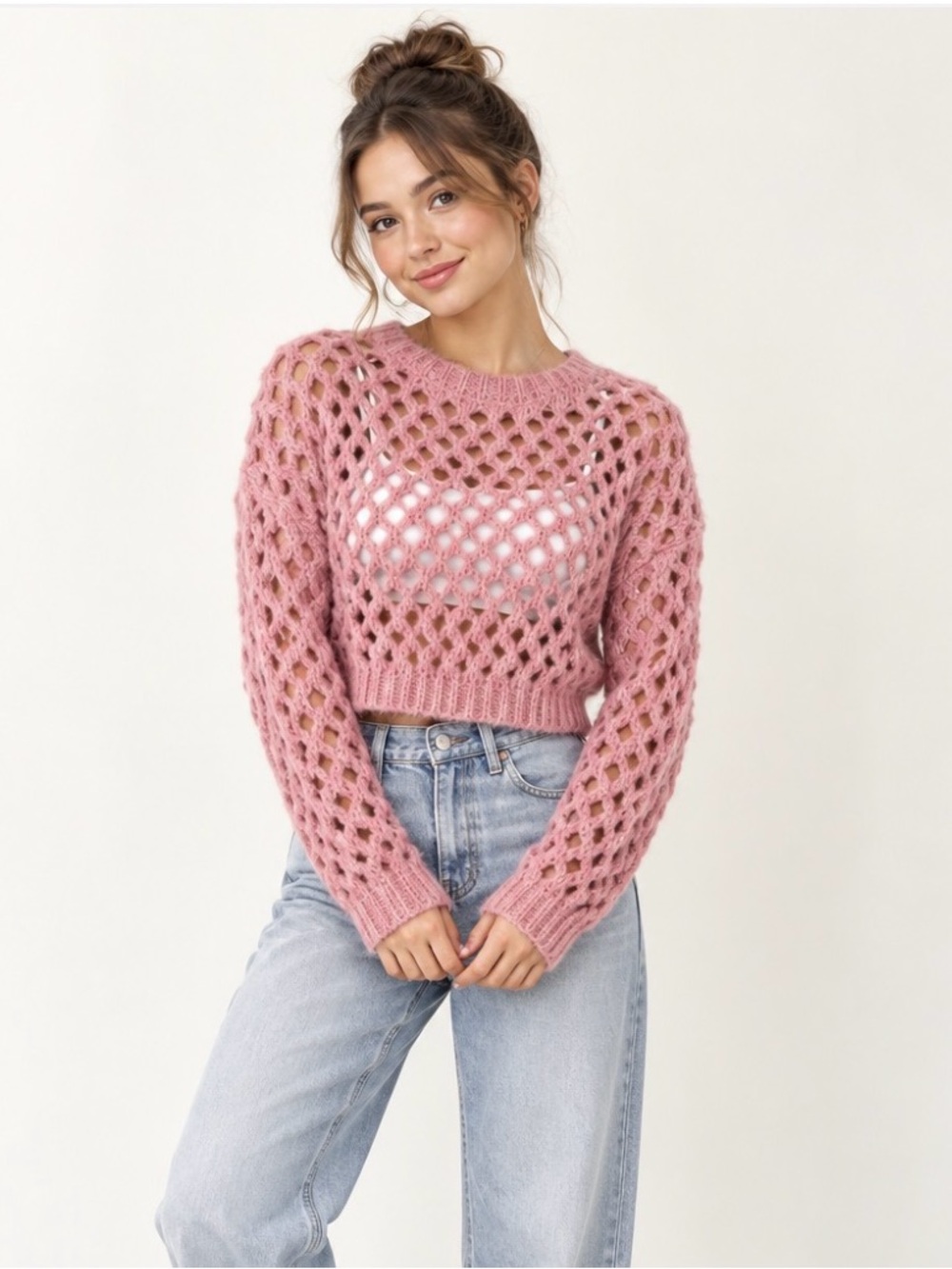 C & V Girls Blush Pink Open Knit Cropped Sweater L 12/14 NWT